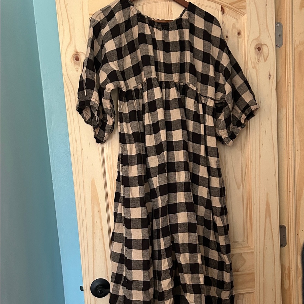 Handmade linen Off On checkered oversized babydoll dress XL